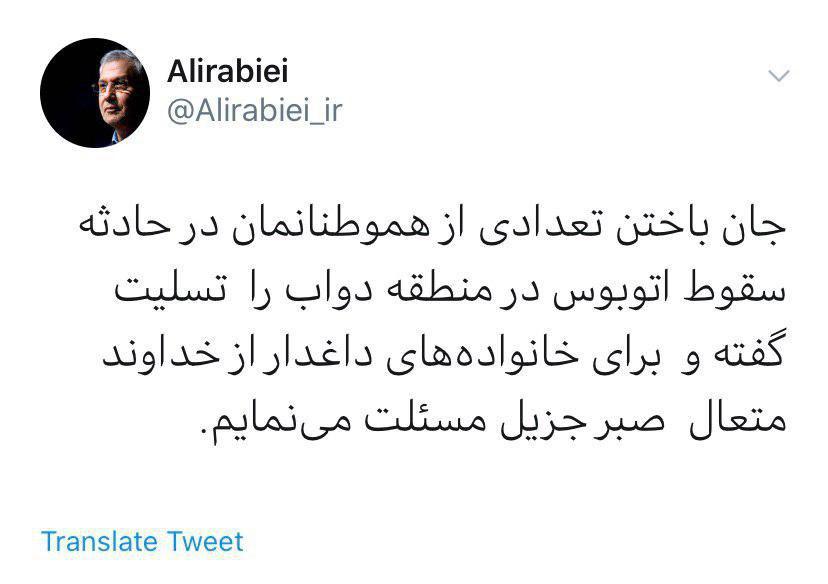 تسلیت سخنگوی دولت در پی درگذشت تعدادی از هموطنان در حادثه سقوط اتوبوس در منطقه دواب+تصویر