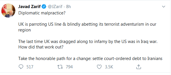 درخواست توئیتری ظریف از واشنگتن