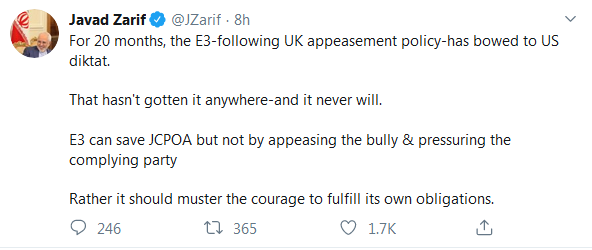 درخواست توئیتری ظریف از واشنگتن