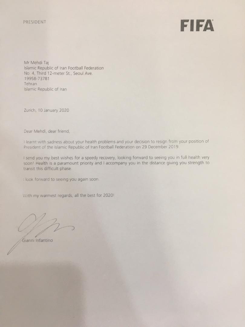 پیام محبت&zwnj;آمیز اینفانتینو، رییس فیفا برای مهدی تاج