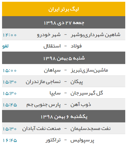 برنامه بازی های هفته هفدهم لیگ برتر+جدول لیگ برتر فوتبال