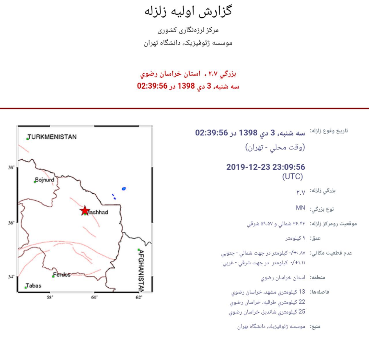زلزله ای ضعیف مشهد را لرزاند + جزئیات