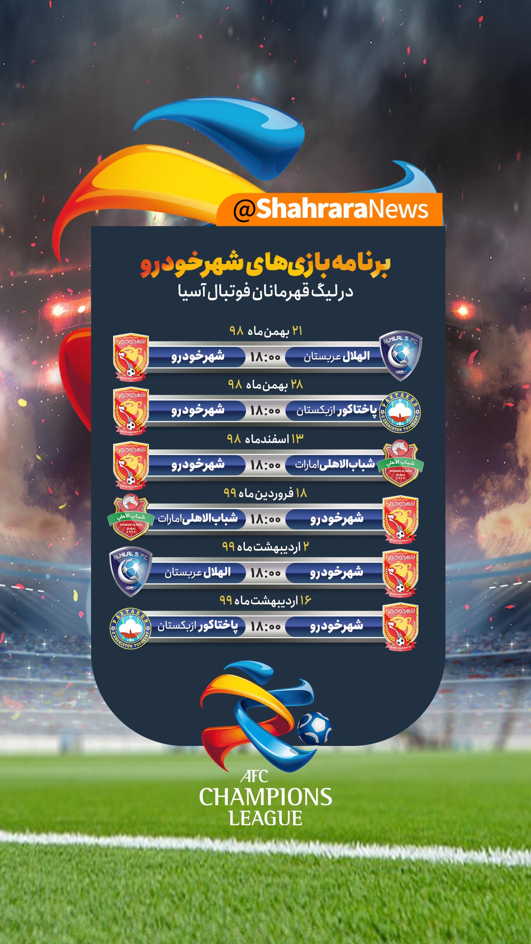 برنامه بازی های شهرخودرو در لیگ قهرمانان آسیا