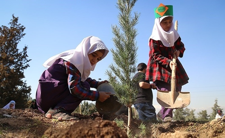 کاشت نهال توسط خانواده‌ها و کودکان در کمربند سبز مشهد