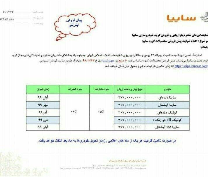 شرایط فروش جدید سایپا از فردا چهارشنبه ۲۳ بهمن+جدول شرایط فروش جدید سایپا از فردا چهارشنبه ۲۳ بهمن+جدول