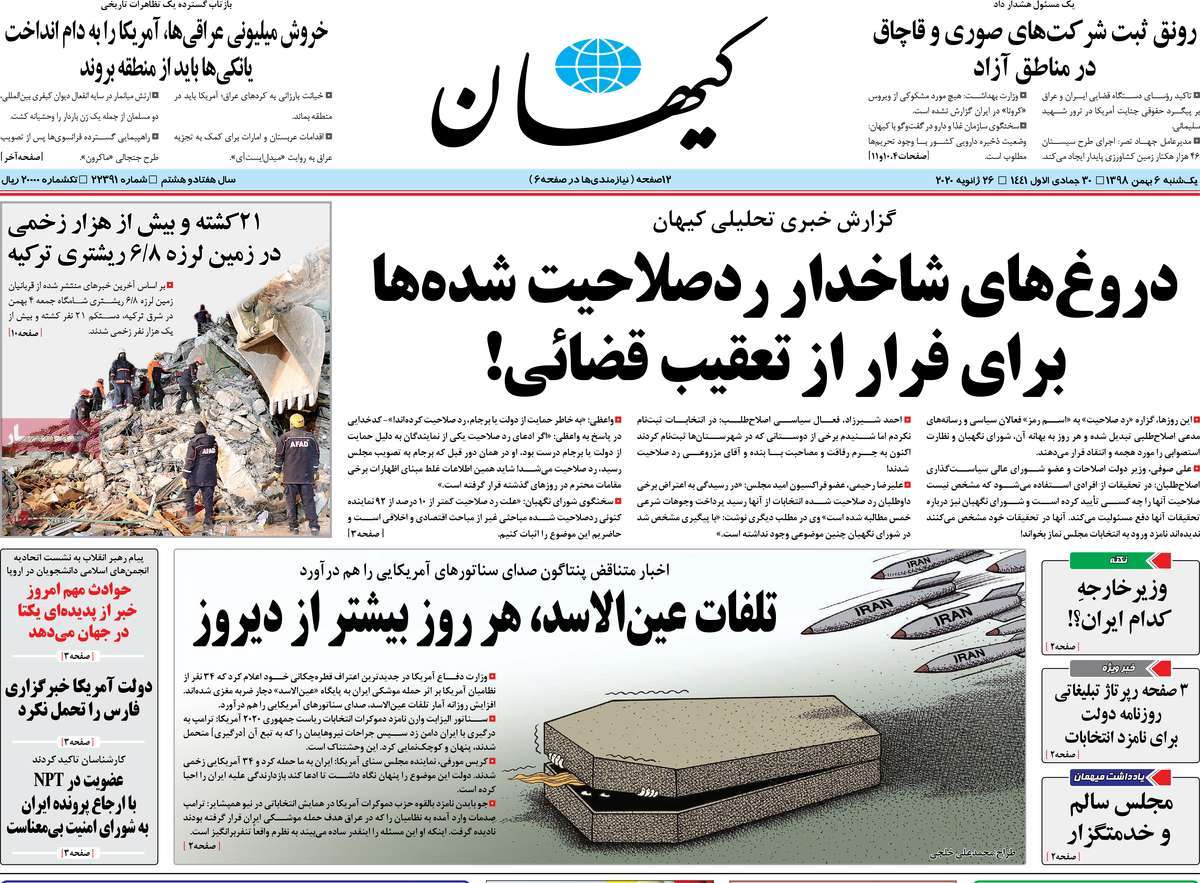 صفحه نخست روزنامه&zwnj;های کشور - یکشنبه ۶ بهمن ۱۳۹۸