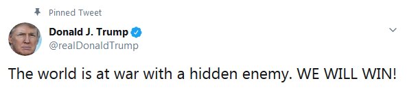 پیام توییتری ترامپ: جهان در حال جنگ با دشمنی پنهان است پیام توییتری ترامپ: جهان در حال جنگ با دشمنی پنهان است
