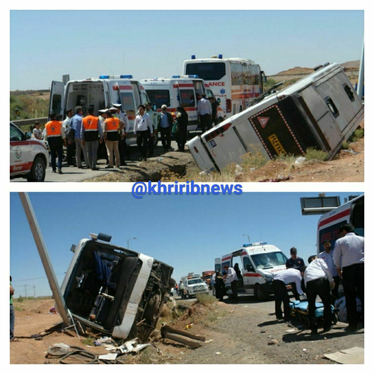 بیش از ۱۰ مصدوم در حادثه واژگونی اتوبوس در جاده مشهد - نیشابور + فیلم بیش از ۱۰ مصدوم در حادثه واژگونی اتوبوس در جاده مشهد - نیشابور + فیلم