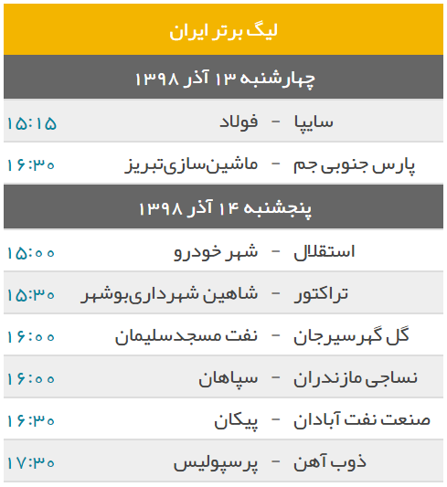 برنامه بازی های هفته سیزدهم لیگ برتر + جدول لیگ برتر فوتبال
