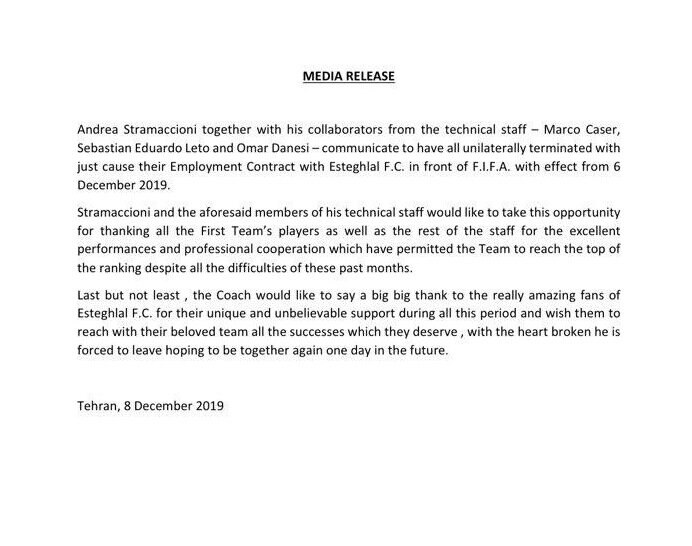 «استراماچونی» با استقلال فسخ کرد