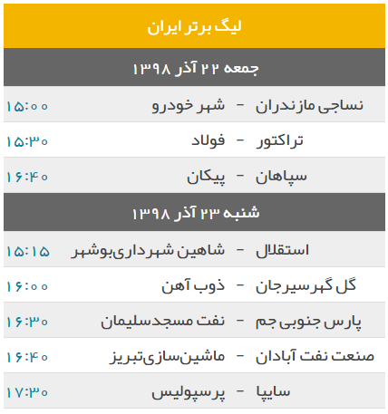 برنامه بازی های هفته پانزدهم لیگ برتر + جدول لیگ برتر فوتبال