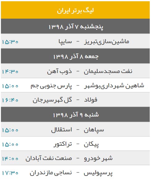 برنامه بازی های هفته دوازدهم لیگ برتر + جدول لیگ برتر فوتبال