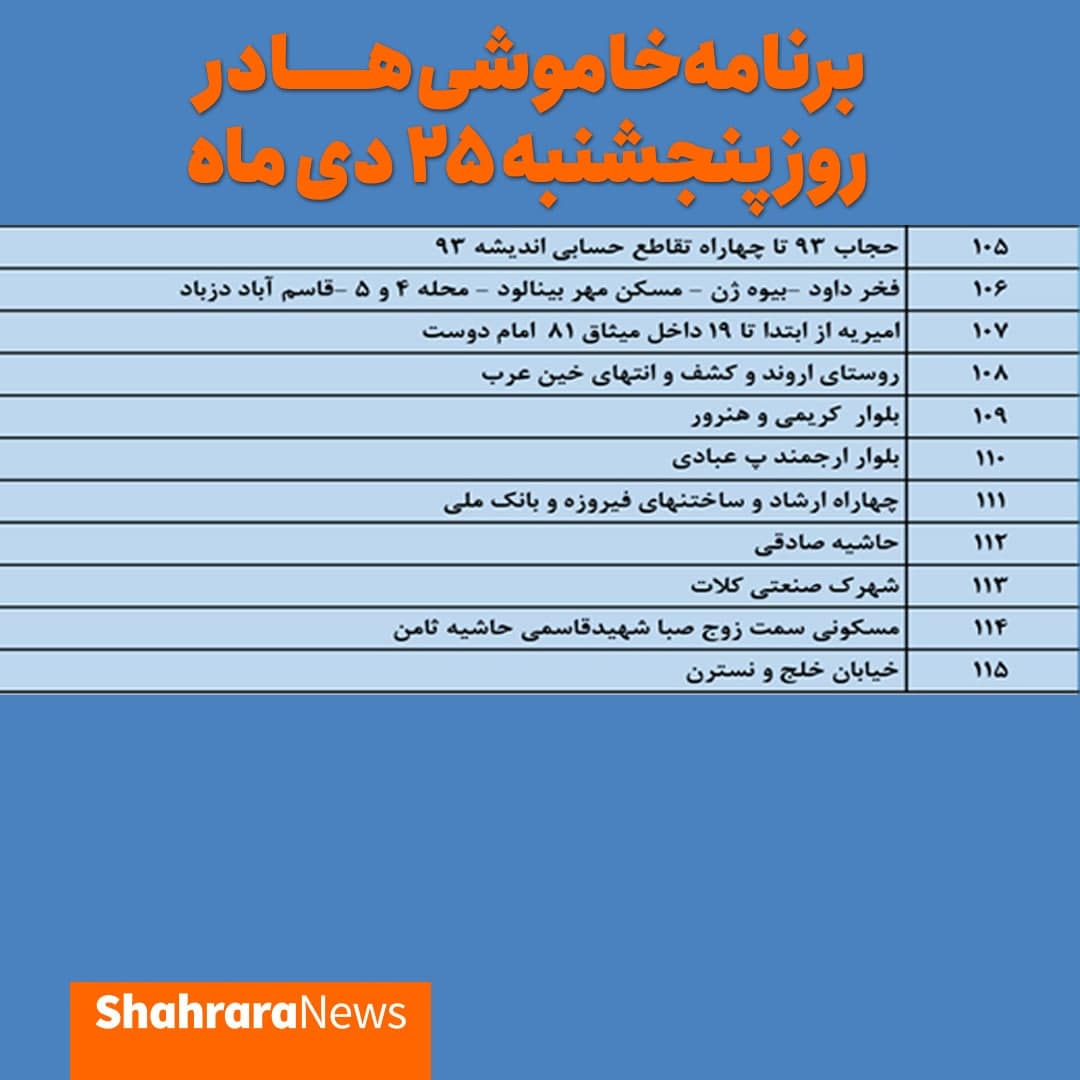 برق کدام مناطق مشهد ۲۵ دی قطع میشود؟ برق کدام مناطق مشهد ۲۵ دی قطع میشود؟