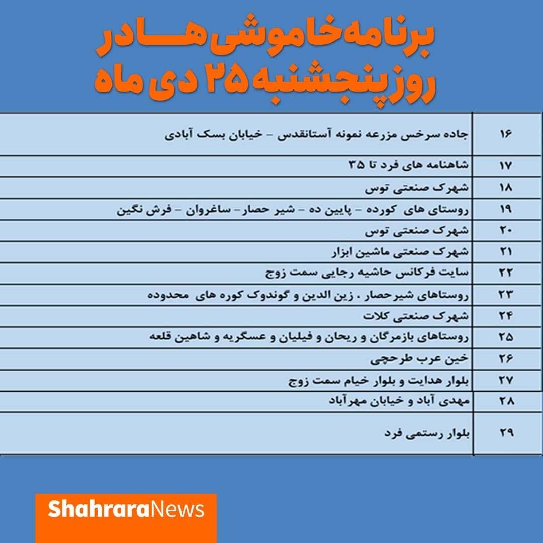 برق کدام مناطق مشهد ۲۵ دی قطع میشود؟ برق کدام مناطق مشهد ۲۵ دی قطع میشود؟