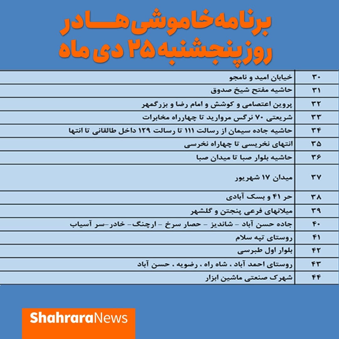برق کدام مناطق مشهد ۲۵ دی قطع میشود؟ برق کدام مناطق مشهد ۲۵ دی قطع میشود؟
