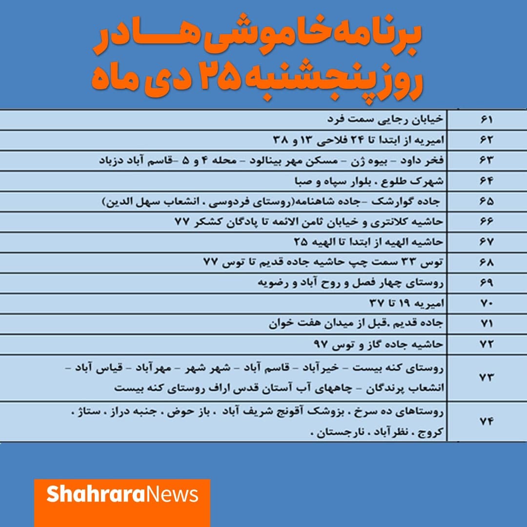 برق کدام مناطق مشهد ۲۵ دی قطع میشود؟ برق کدام مناطق مشهد ۲۵ دی قطع میشود؟