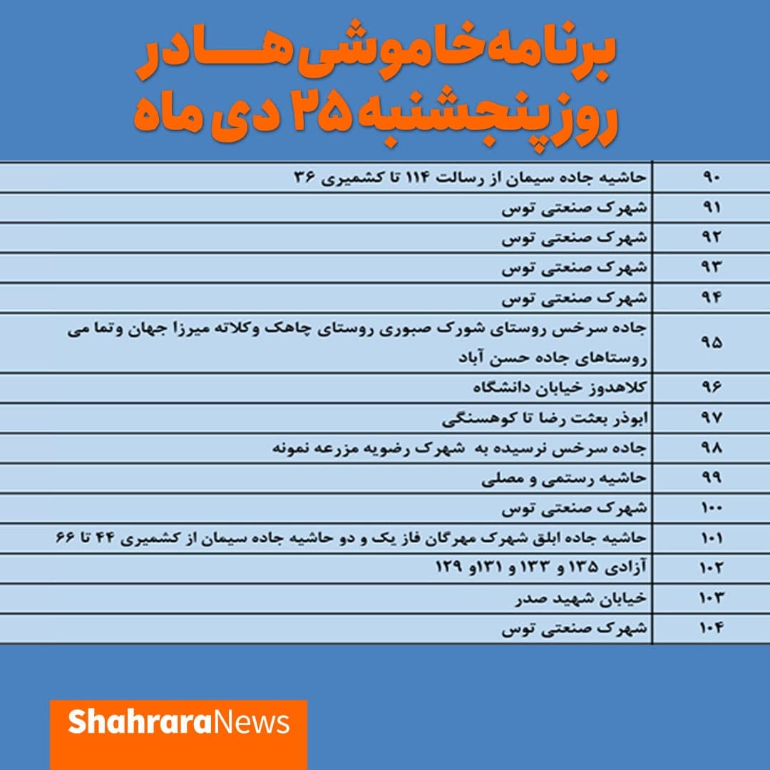 برق کدام مناطق مشهد ۲۵ دی قطع میشود؟ برق کدام مناطق مشهد ۲۵ دی قطع میشود؟