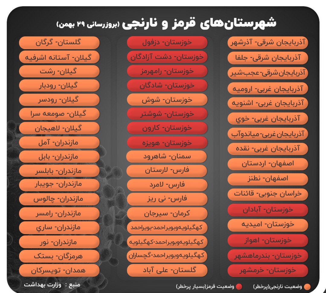 رنگ بندی جدید شهرها؛ افزایش شهر&zwnj;های قرمز در کشور + جدول (۲۹ بهمن ۹۹)