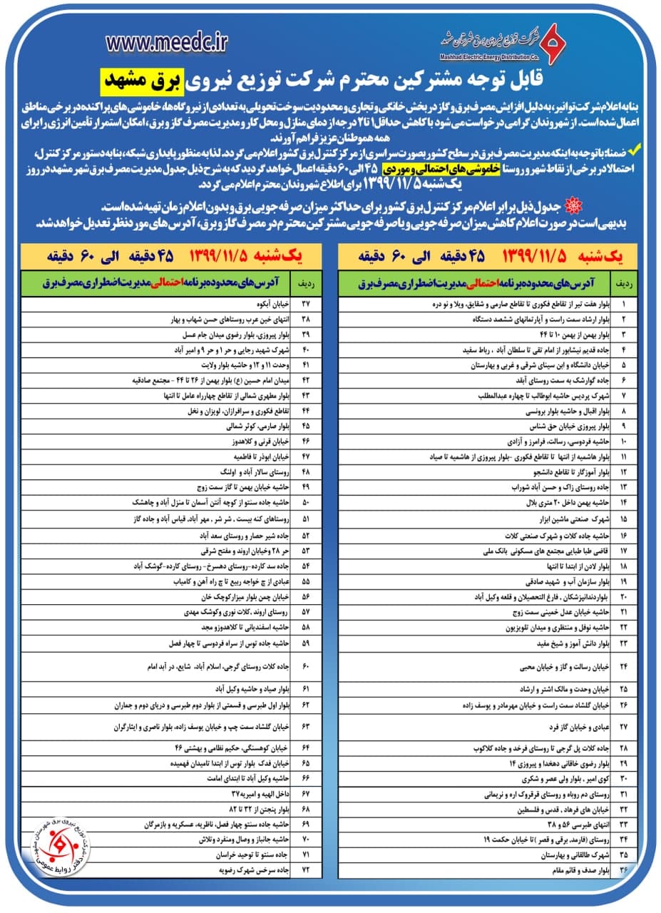 برق کدام مناطق مشهد، امروز ۵ بهمن قطع می‌شود؟ + جدول