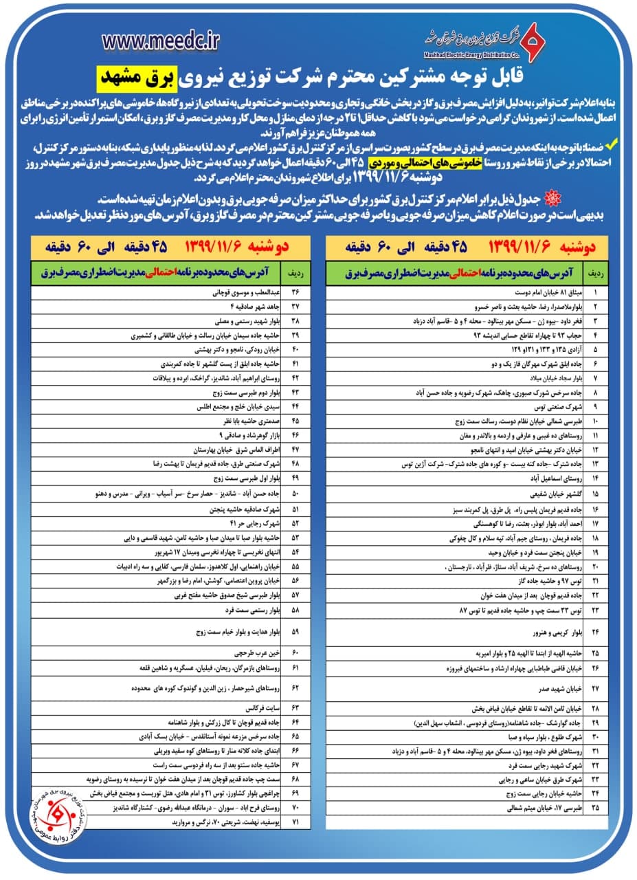 برق کدام مناطق مشهد، امروز ۶ بهمن قطع می‌شود؟ + جدول