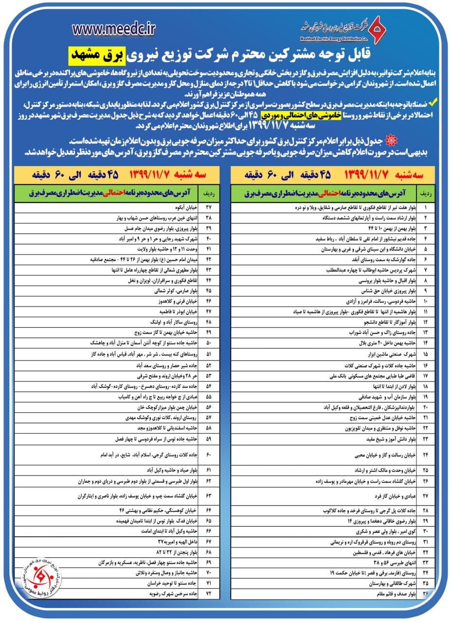 برق کدام مناطق مشهد، امروز ۷ بهمن قطع می‌شود؟ + جدول