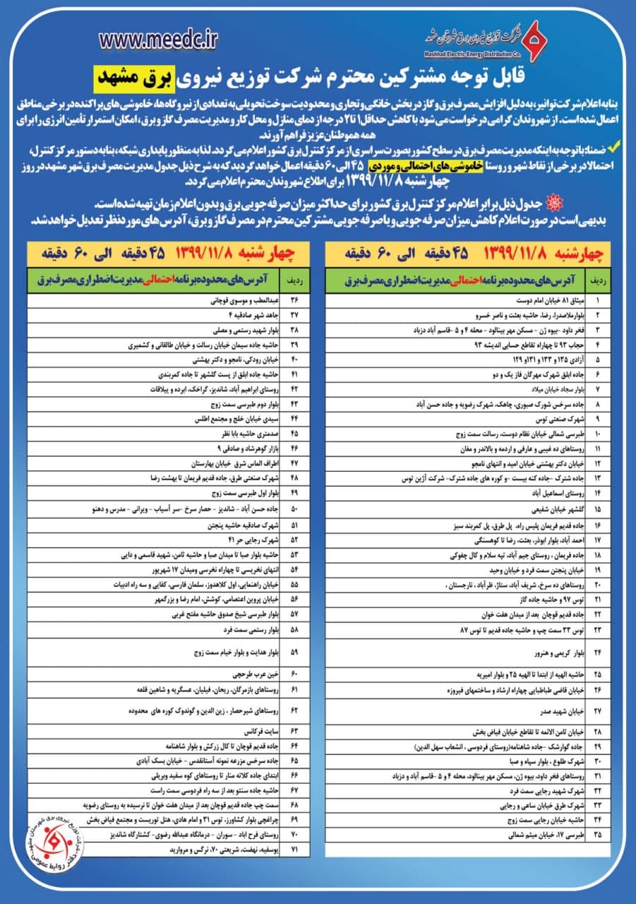 برق کدام مناطق مشهد، امروز  ۸ بهمن قطع می‌شود؟ + جدول