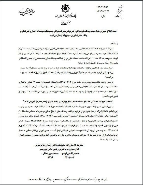 سقف پرداخت نقدی به مشتریان بانک‌ها ۴۵ میلیون تومان تعیین شد