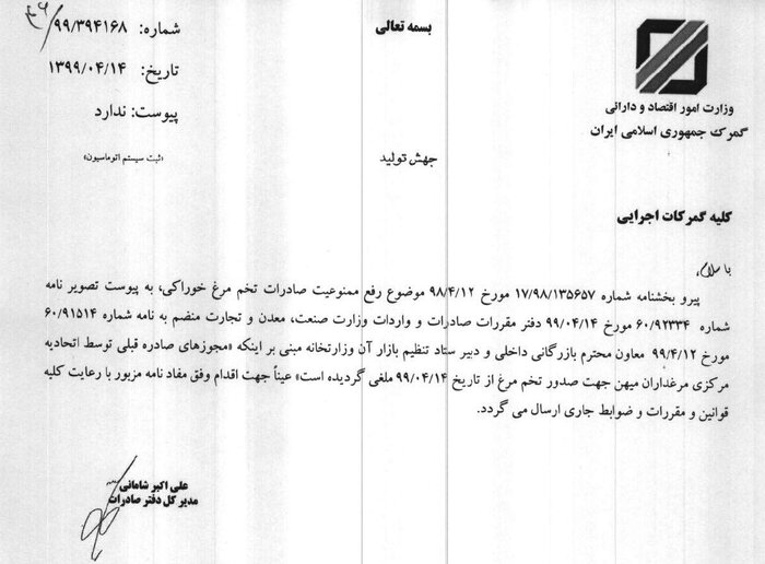 صادرات تخم مرغ از ۱۴ تیر ممنوع شده است+سند