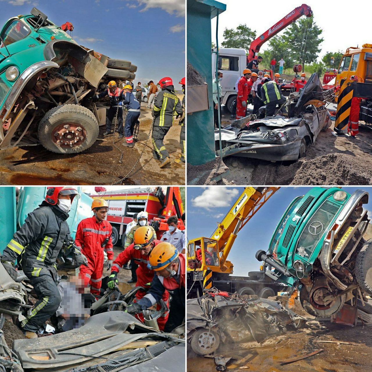 فوت راننده سواری پژو زیر اتاق کامیون حمل شن