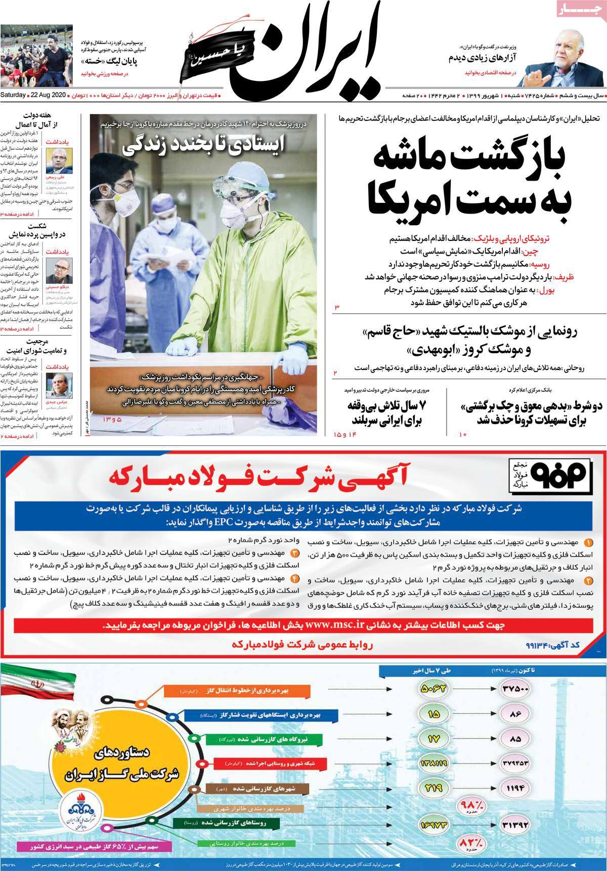 صفحه نخست روزنامه&zwnj;های کشور - شنبه ۱ شهریور ۱۳۹۹