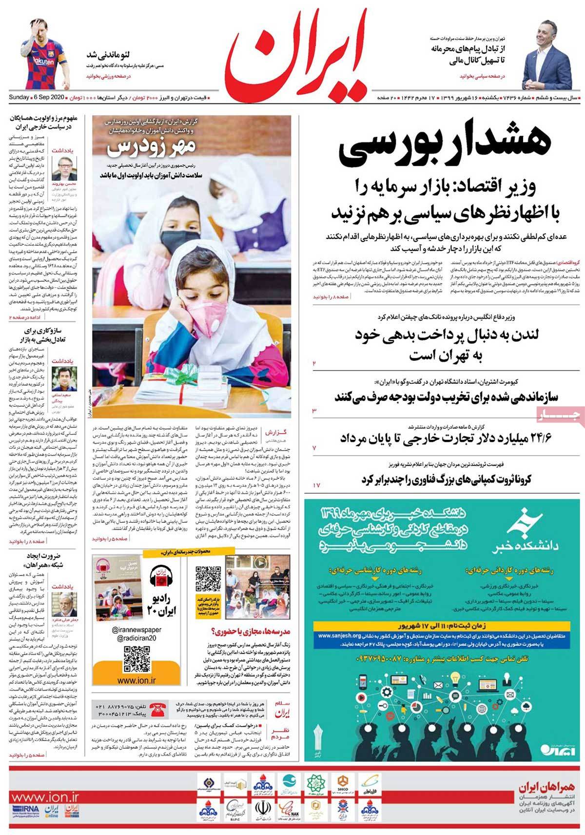 صفحه نخست روزنامه&zwnj;های کشور - یکشنبه ۱۶ شهریور ۱۳۹۹
