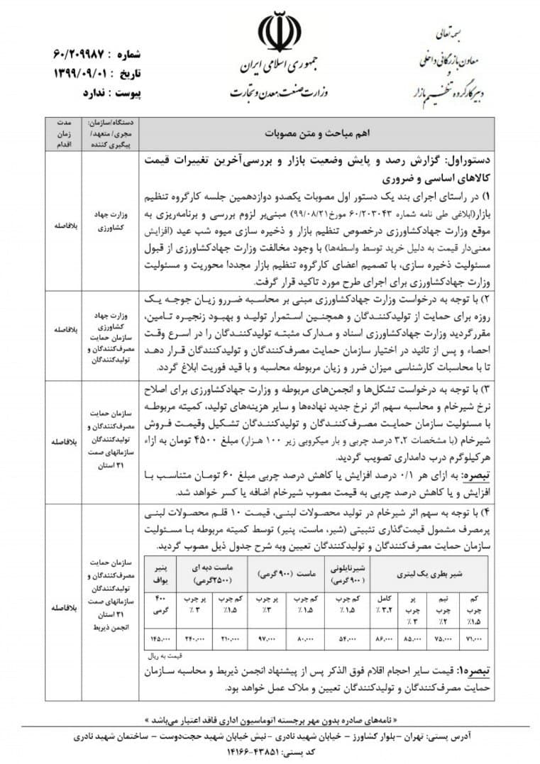اعلام قیمت ۱۰ قلم محصولات لبنی پرمصرف