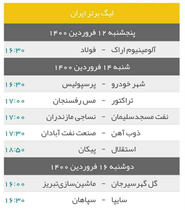 برنامه بازی&zwnj;های هفته نوزدهم لیگ برتر فوتبال + جدول