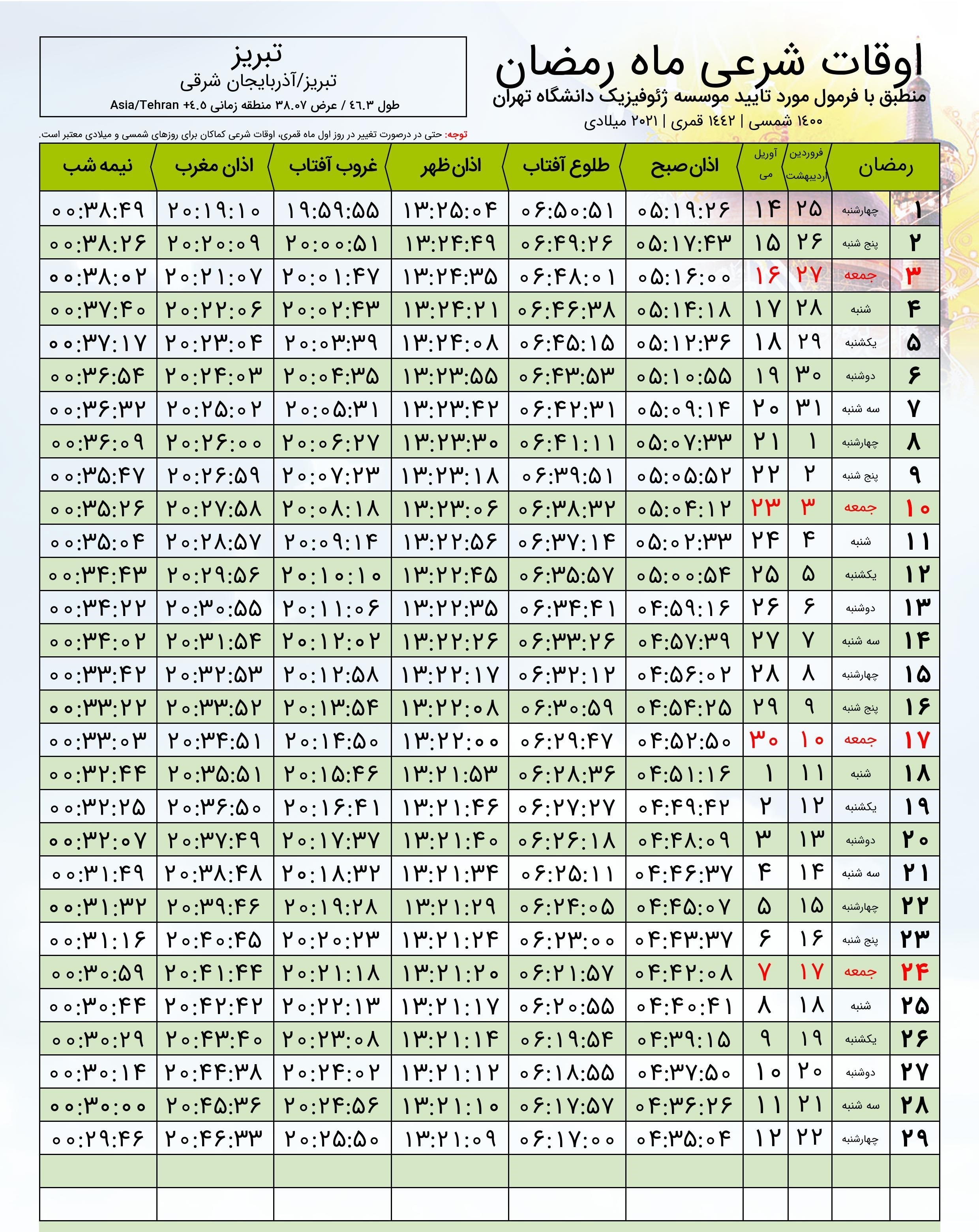 اوقات شرعی تبریز در ماه رمضان ۱۴۰۰ + عکس و دانلود