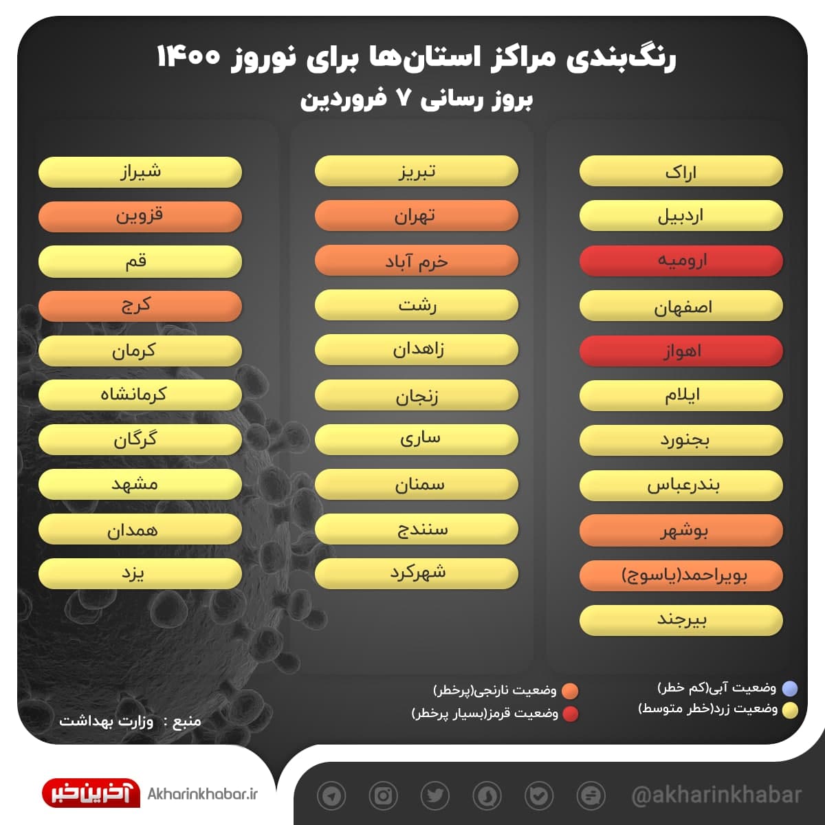 رنگ بندی جدید شهر&zwnj;های کشور از شنبه ۷ فروردین ۱۴۰۰ اعلام شد + نقشه