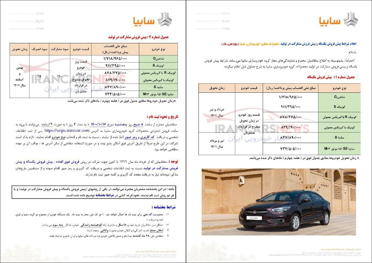قرعهکشی پیشفروش سایپا (یکساله و مشارکت در تولید) امروز ۱۹ دیماه ۱۴۰۰ + جزئیات قرعهکشی پیشفروش سایپا (یکساله و مشارکت در تولید) امروز ۱۹ دیماه ۱۴۰۰ + جزئیات