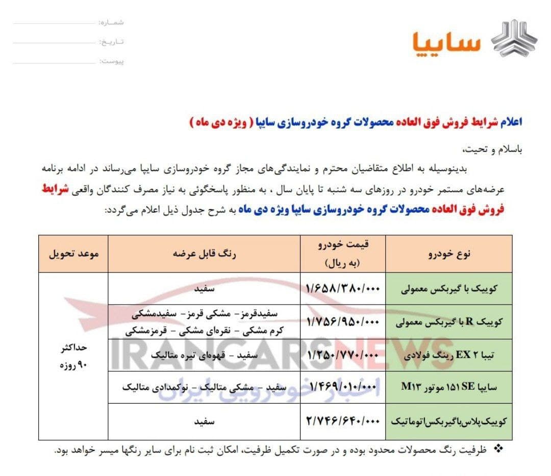شرایط جدید فروش فوق العاده محصولات شرکت سایپا اعلام شد + جدول (۷ دیماه ۱۴۰۰) شرایط جدید فروش فوق العاده محصولات شرکت سایپا اعلام شد + جدول (۷ دیماه ۱۴۰۰)