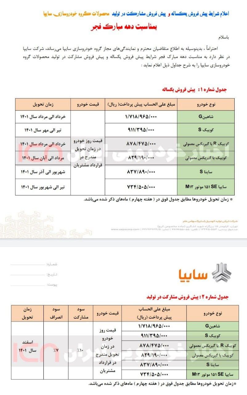 پیشفروش سایپا (یکساله و مشارکت در تولید) ویژه دهه فجر از امروز ۱۴ بهمنماه ۱۴۰۰ آغاز شد + بخشنامه و لینک ثبتنام پیشفروش سایپا (یکساله و مشارکت در تولید) ویژه دهه فجر از امروز ۱۴ بهمنماه ۱۴۰۰ آغاز شد + بخشنامه و لینک ثبتنام