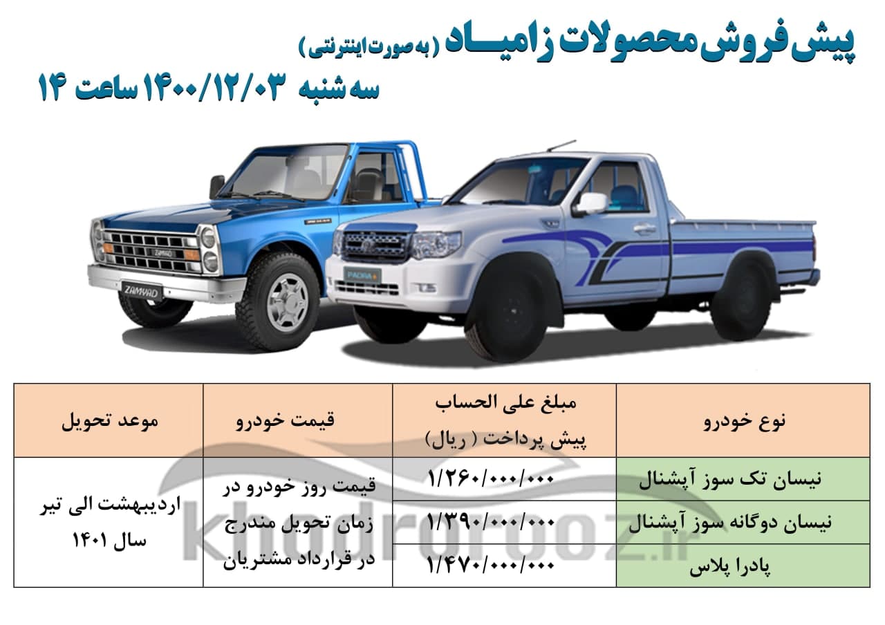 آغاز مرحله پیش فروش محصولات شرکت زامیاد (نیسان و پادراپلاس) از فردا سه شنبه ۳ اسفند ۱۴۰۰ + جدول فروش و لینک ثبت نام