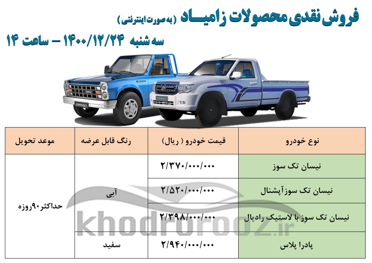 آغاز فروش فوقالعاده محصولات زامیاد (نیسان و پادراپلاس) از فردا سه شنبه (۲۴ اسفند ۱۴۰۰) + جدول فروش و لینک ثبت نام آغاز فروش فوقالعاده محصولات زامیاد (نیسان و پادراپلاس) از فردا سه شنبه (۲۴ اسفند ۱۴۰۰) + جدول فروش و لینک ثبت نام