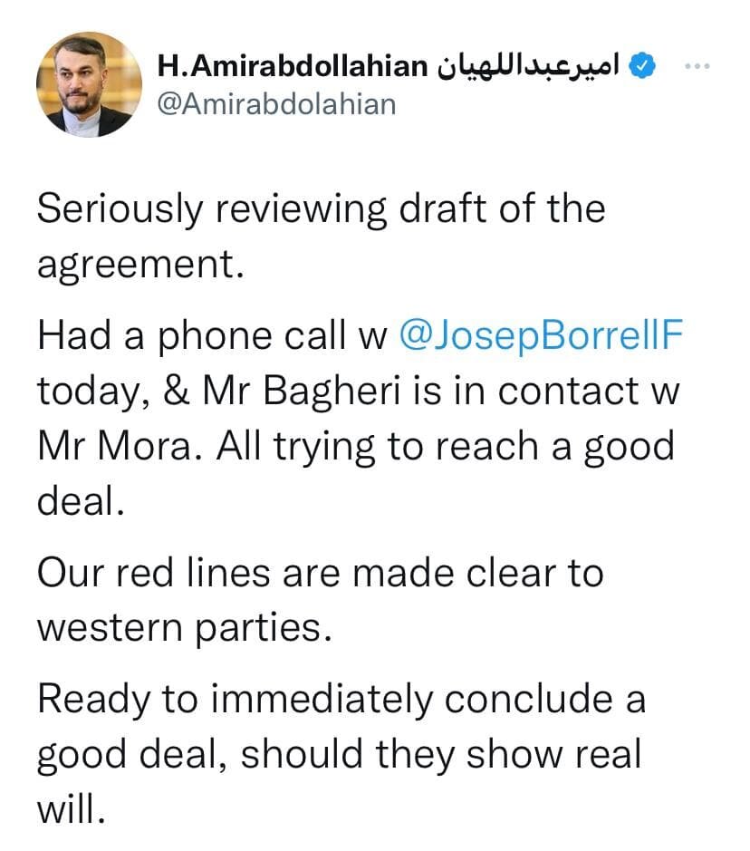 توئیت امیرعبداللهیان درباره توافق هسته ای | درحال بررسی متن توافق هستیم توئیت امیرعبداللهیان درباره توافق هسته ای | درحال بررسی متن توافق هستیم