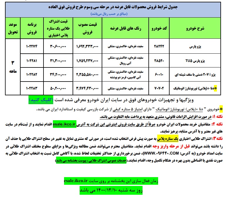آغاز فروش فوق العاده ایران خودرو از سه شنبه ۱۰ اسفند ۱۴۰۰ + جدول و جزئیات آغاز فروش فوق العاده ایران خودرو از سه شنبه ۱۰ اسفند ۱۴۰۰ + جدول و جزئیات