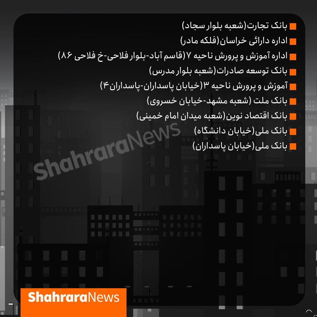 برق ۱۸۴ اداره پرمصرف مشهد قطع شد | بانکها پرمصرفترین + لیست پرمصرفها برق ۱۸۴ اداره پرمصرف مشهد قطع شد | بانکها پرمصرفترین + لیست پرمصرفها
