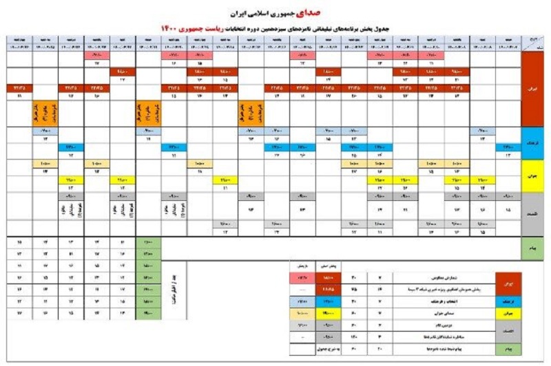 جدول پخش برنامههای تبلیغاتی و مناظره نامزدها در تلویزیون و رادیو + جزئیات جدول پخش برنامههای تبلیغاتی و مناظره نامزدها در تلویزیون و رادیو + جزئیات