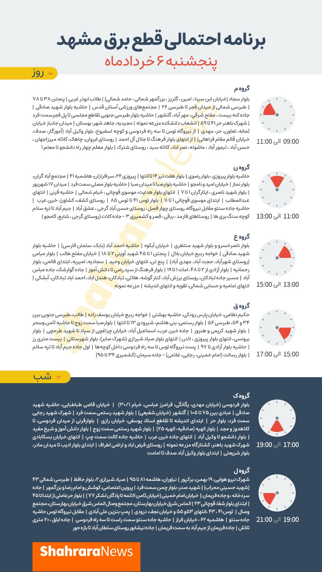 امروز برق کدام مناطق مشهد قطع میشود؟ (پنجشنبه ۶ خرداد ۱۴۰۰) امروز برق کدام مناطق مشهد قطع میشود؟ (پنجشنبه ۶ خرداد ۱۴۰۰)