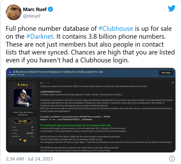 دفترجه تلفن ۳.۸ میلیارد کاربر «کلاب هاوس» هک شد دفترجه تلفن ۳.۸ میلیارد کاربر «کلاب هاوس» هک شد