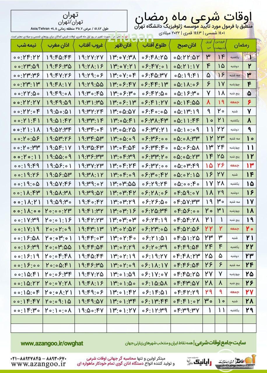 اوقات شرعی تهران در ماه رمضان ۱۴۰۱ + عکس و دانلود اوقات شرعی تهران در ماه رمضان ۱۴۰۱ + عکس و دانلود
