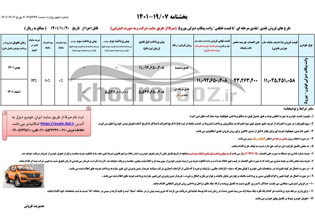 فروش فوقالعاده پیکاپ فوتون دیزلی ایران خودرو دیزل از فردا (سهشنبه ۲۰ دی ۱۴۰۱) + لینک ثبت نام و جدول فروش فروش فوقالعاده پیکاپ فوتون دیزلی ایران خودرو دیزل از فردا (سهشنبه ۲۰ دی ۱۴۰۱) + لینک ثبت نام و جدول فروش