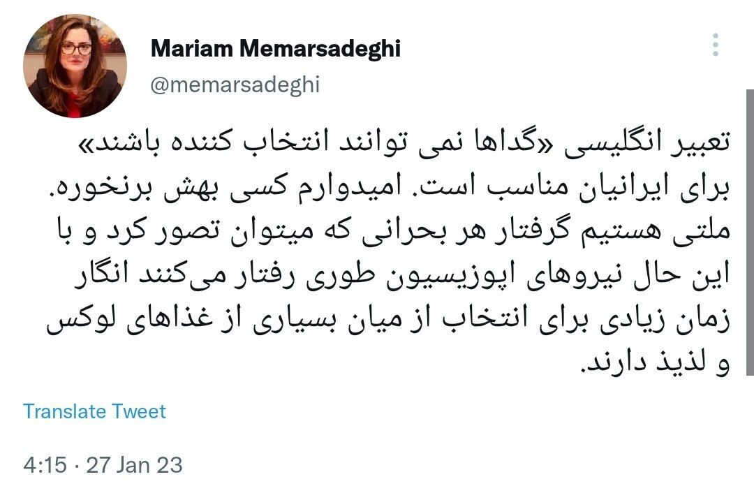 توهین جدید اپوزیسیون به مردم ایران| گدا هستید؛ حق انتخاب ندارید!