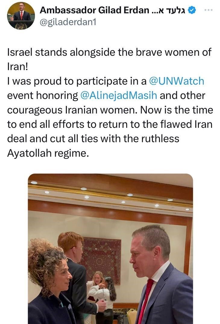 مسیح علینژاد با نماینده رژیم صهیونیستی در سازمان ملل دیدار کرد مسیح علینژاد با نماینده رژیم صهیونیستی در سازمان ملل دیدار کرد